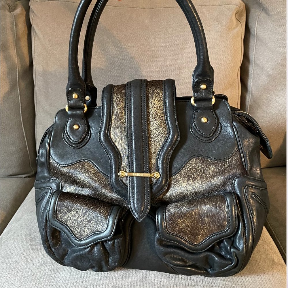 Botkier Shoulder Bag Black Leather Bronzed Fur